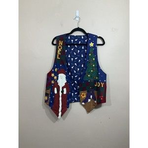 VTG Womens Handmade Reversible Christmas Vest L Blue Santa Snowman 90s Retro